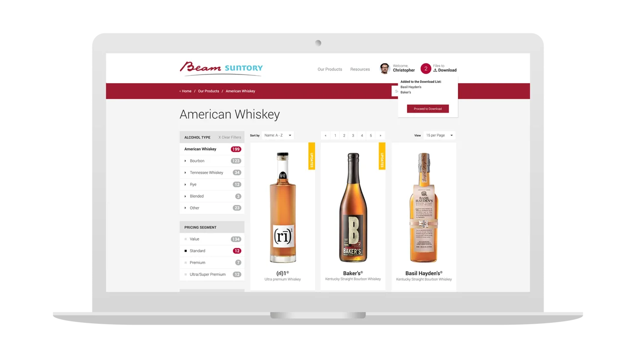 Laptop displaying product data inside the Beam Suntory eSpirits portal