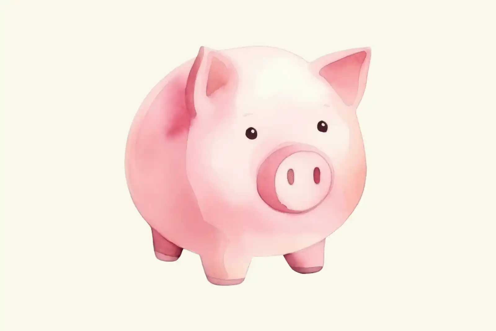 A watercolor painting of a pink piggy bank on a cream background