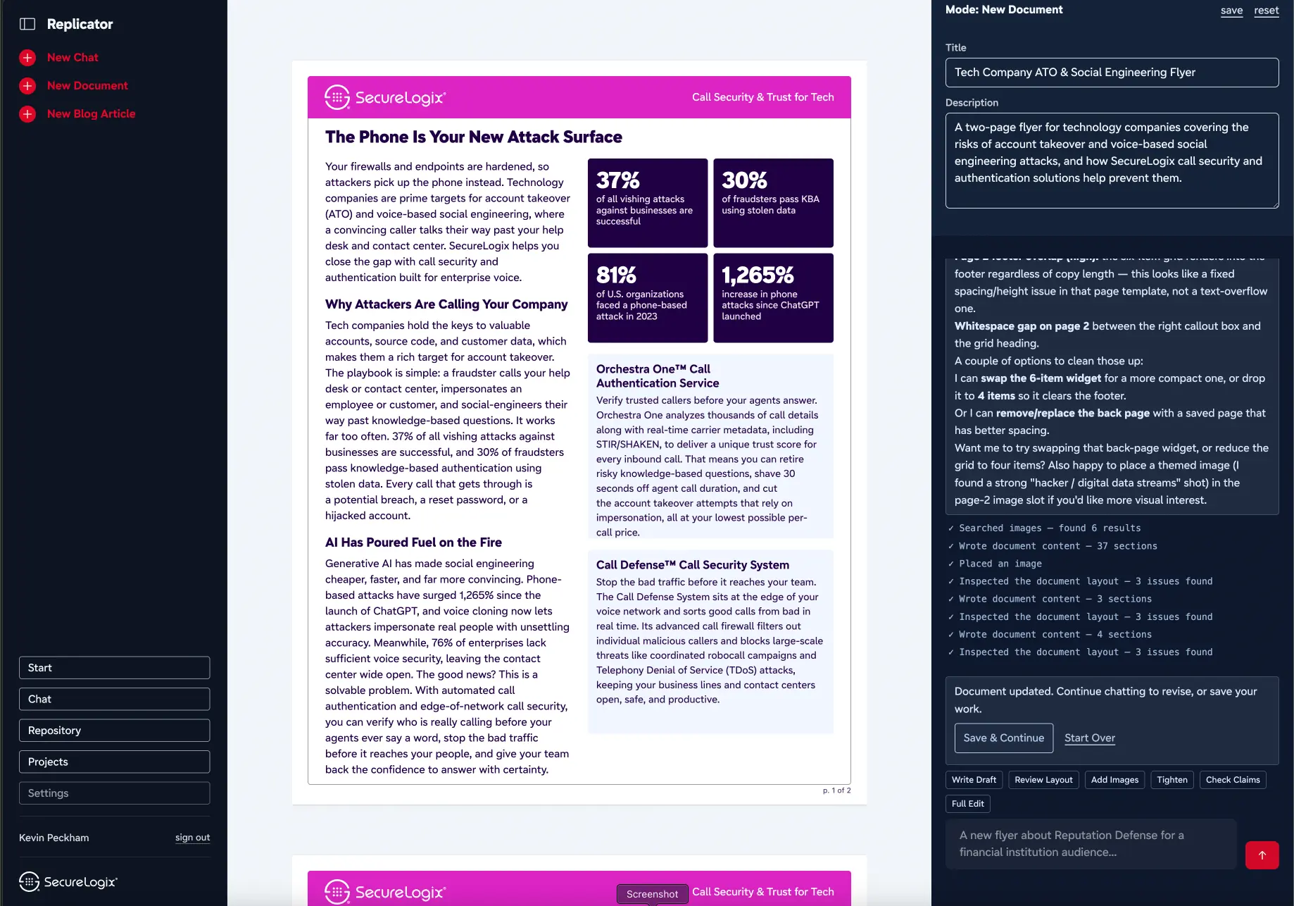 Replicator's document editor showing a rendered SecureLogix flyer beside the AI assistant drafting content and reviewing the layout