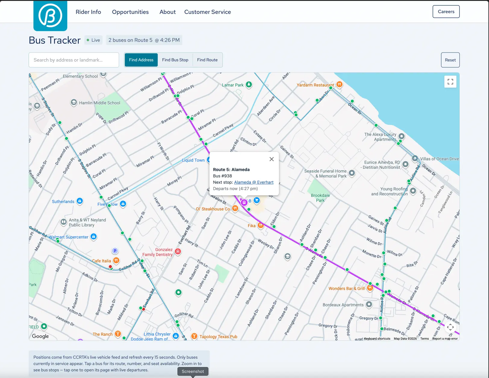 The CCRTA Bus Tracker: a live map of Corpus Christi with route lines, stop markers, and a selected bus showing its route, vehicle number, next stop, and departure time