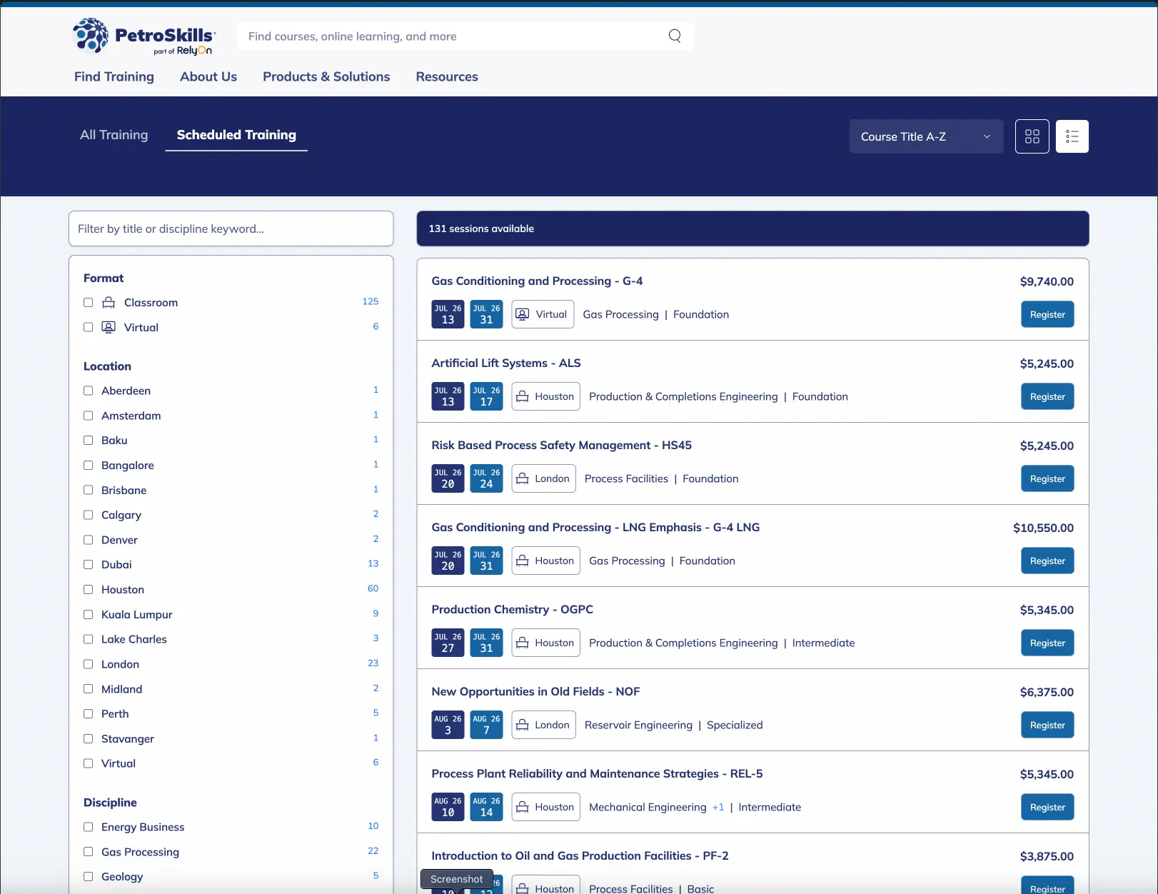 The PetroSkills scheduled-training catalog: faceted filters for format, location, and discipline beside sessions listed with dates, locations, and per-session pricing